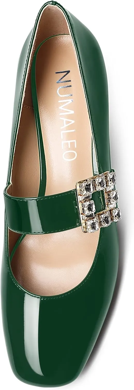 NUMALEO Womens Bungee Rhinestone Dating Solid Patent Square Toe Ankle Strap Cute Wedge Low Heel Pumps Shoes 2 Inch