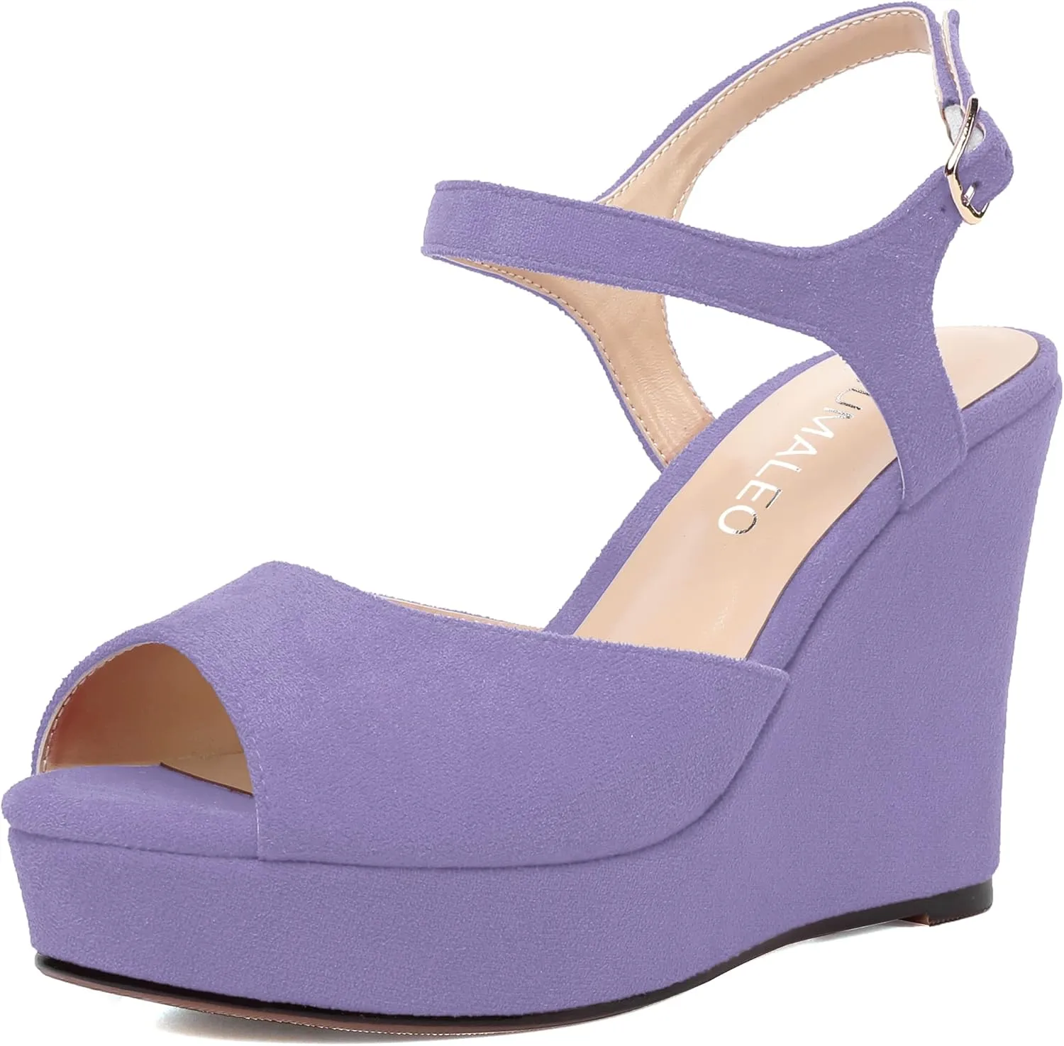 NUMALEO Womens Dating Ankle Strap Dress Buckle Suede Peep Toe Solid Wedge High Heel Heeled Sandals 4 Inch