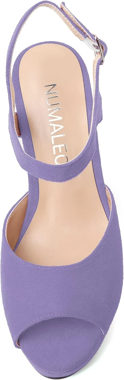 NUMALEO Womens Dating Ankle Strap Dress Buckle Suede Peep Toe Solid Wedge High Heel Heeled Sandals 4 Inch