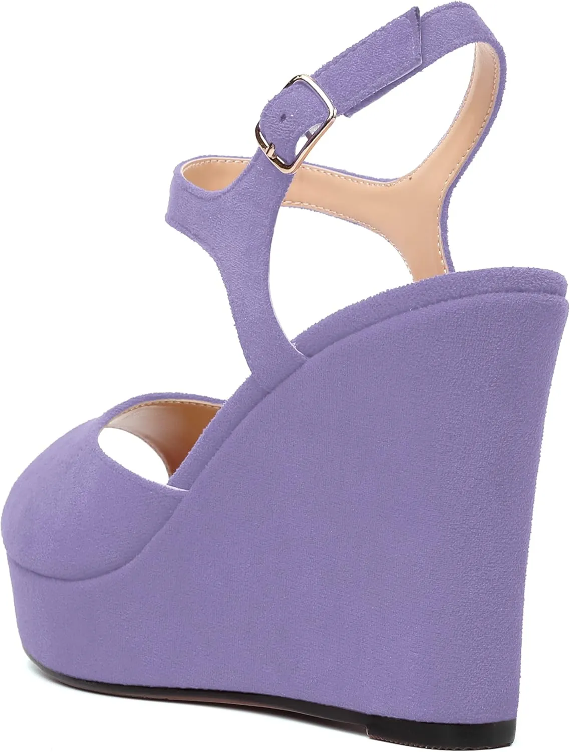 NUMALEO Womens Dating Ankle Strap Dress Buckle Suede Peep Toe Solid Wedge High Heel Heeled Sandals 4 Inch