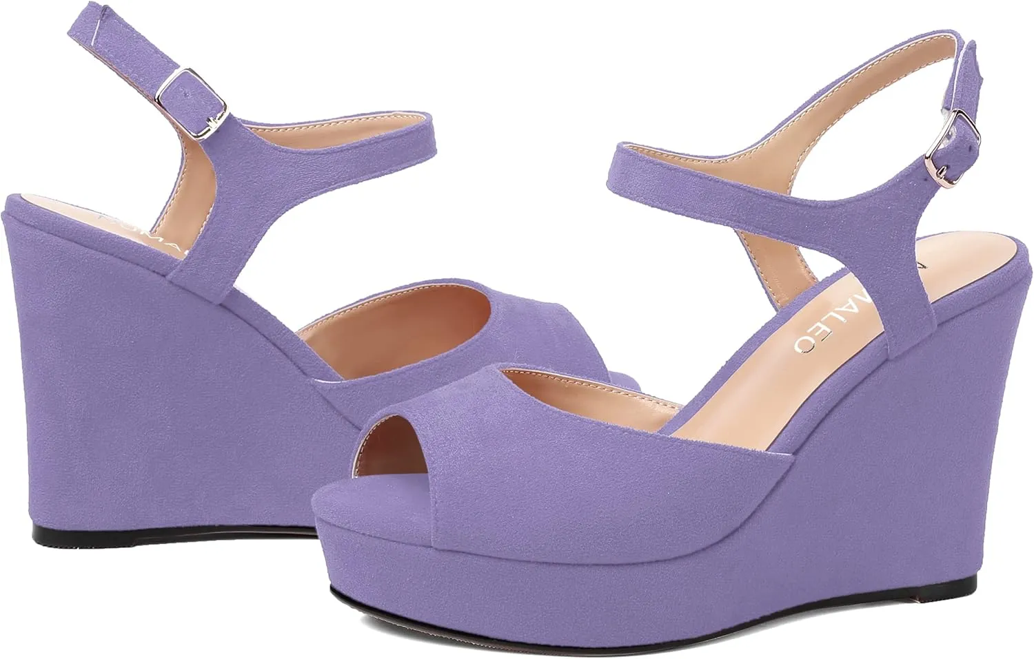 NUMALEO Womens Dating Ankle Strap Dress Buckle Suede Peep Toe Solid Wedge High Heel Heeled Sandals 4 Inch