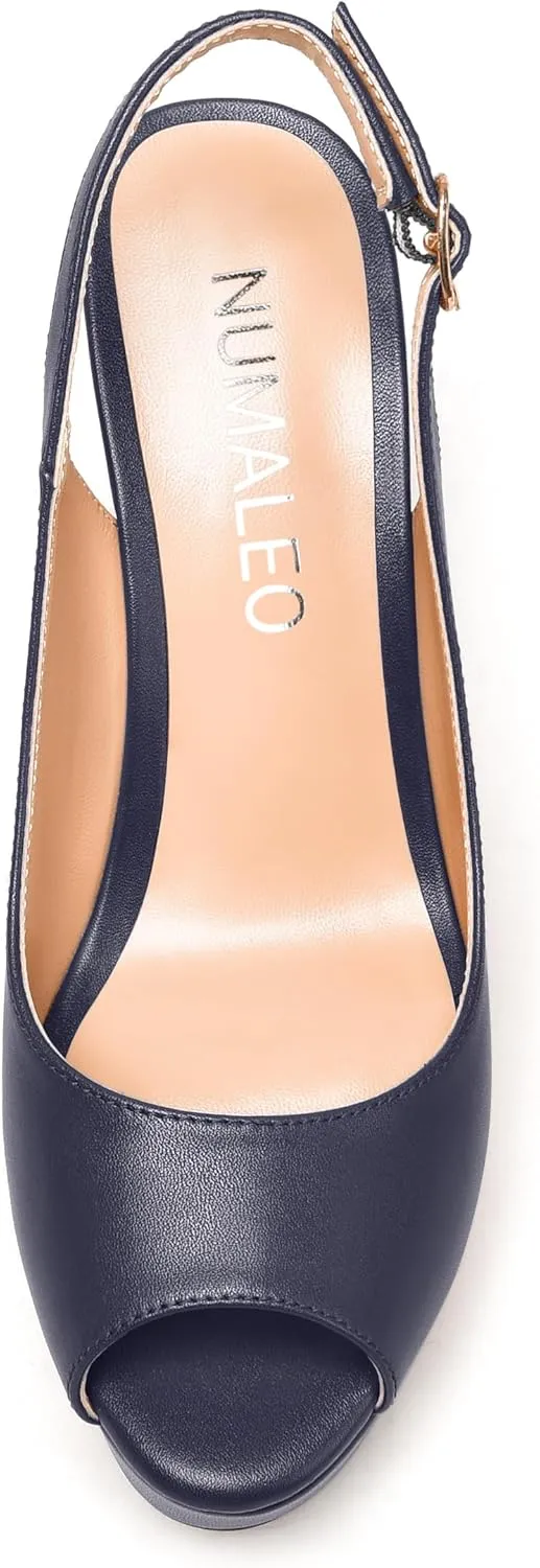 NUMALEO Womens Evening Slingback Buckle Platform Sexy Peep Toe Matte Fashion Wedge High Heel Pumps Shoes 4 Inch