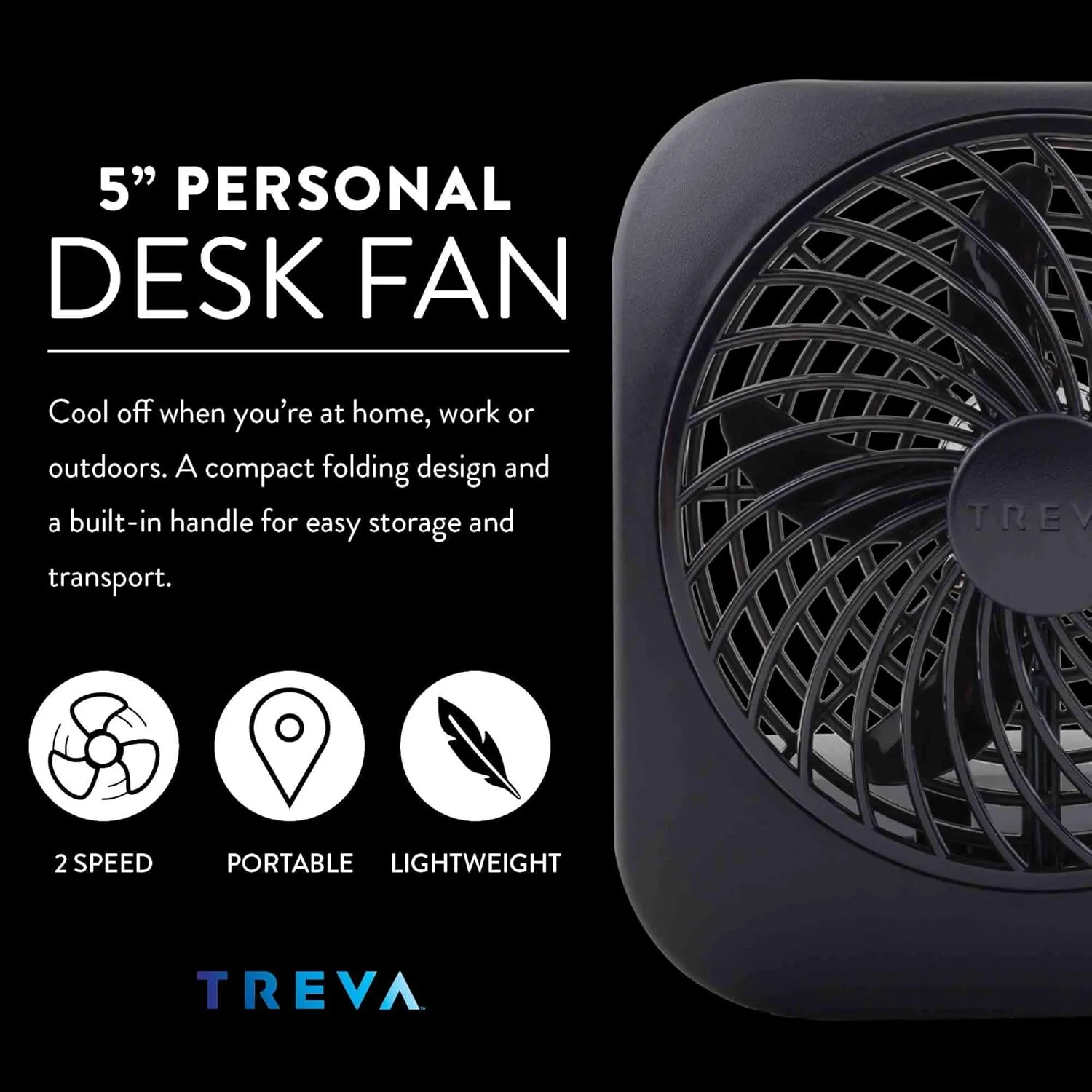 O2COOL Treva 5 Inch Battery Powered Fan Portable Desk Fan 2 Cooling Speeds with Compact Folding & Tilt Design Cubicle Accessories Small Portable 2 Pack (Black)