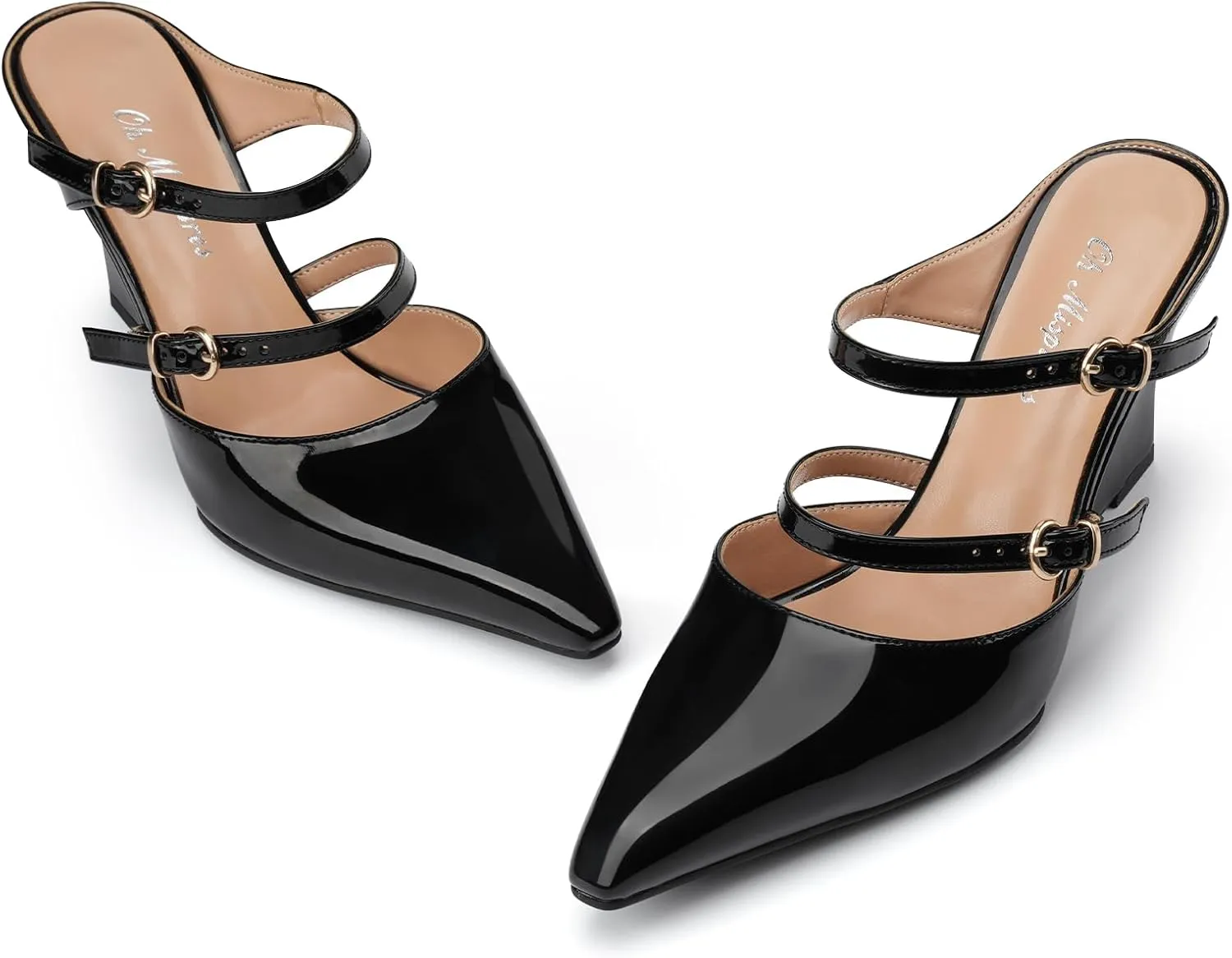 Oh Mispares Pointed Toe Heels Wedge Pumps for Women Slip-on 3 Inch Buckle Strap Patent Leather High Heels for Wedding Bridal Prom Dress Black