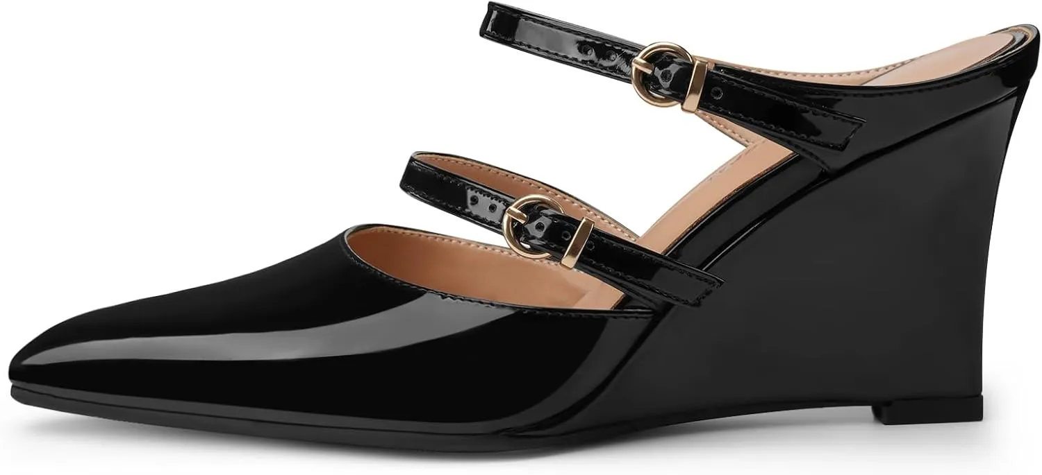 Oh Mispares Pointed Toe Heels Wedge Pumps for Women Slip-on 3 Inch Buckle Strap Patent Leather High Heels for Wedding Bridal Prom Dress Black