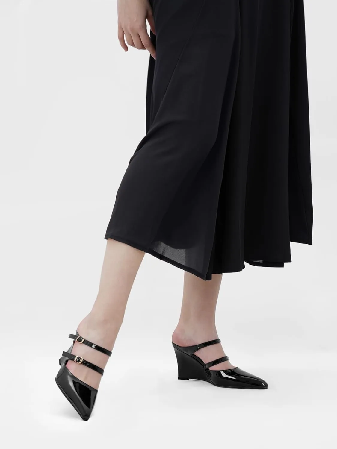 Oh Mispares Pointed Toe Heels Wedge Pumps for Women Slip-on 3 Inch Buckle Strap Patent Leather High Heels for Wedding Bridal Prom Dress Black