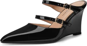 Oh Mispares Pointed Toe Heels Wedge Pumps for Women Slip-on 3 Inch Buckle Strap Patent Leather High Heels for Wedding Bridal Prom Dress Black