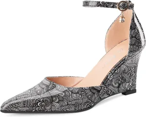 Oh Mispares Women's Wedge Pumps Pointed Closed Toe Wedge Heels for Women Adjustable Ankle Strap Comfortable High-Heeled Dress Shoes for Wedding Work Office Party