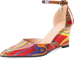 Oh Mispares Women's Wedge Pumps Pointed Closed Toe Wedge Heels for Women Adjustable Ankle Strap Comfortable High-Heeled Dress Shoes for Wedding Work Office Party