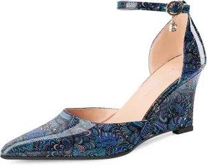 Oh Mispares Women's Wedge Pumps Pointed Closed Toe Wedge Heels for Women Adjustable Ankle Strap Comfortable High-Heeled Dress Shoes for Wedding Work Office Party