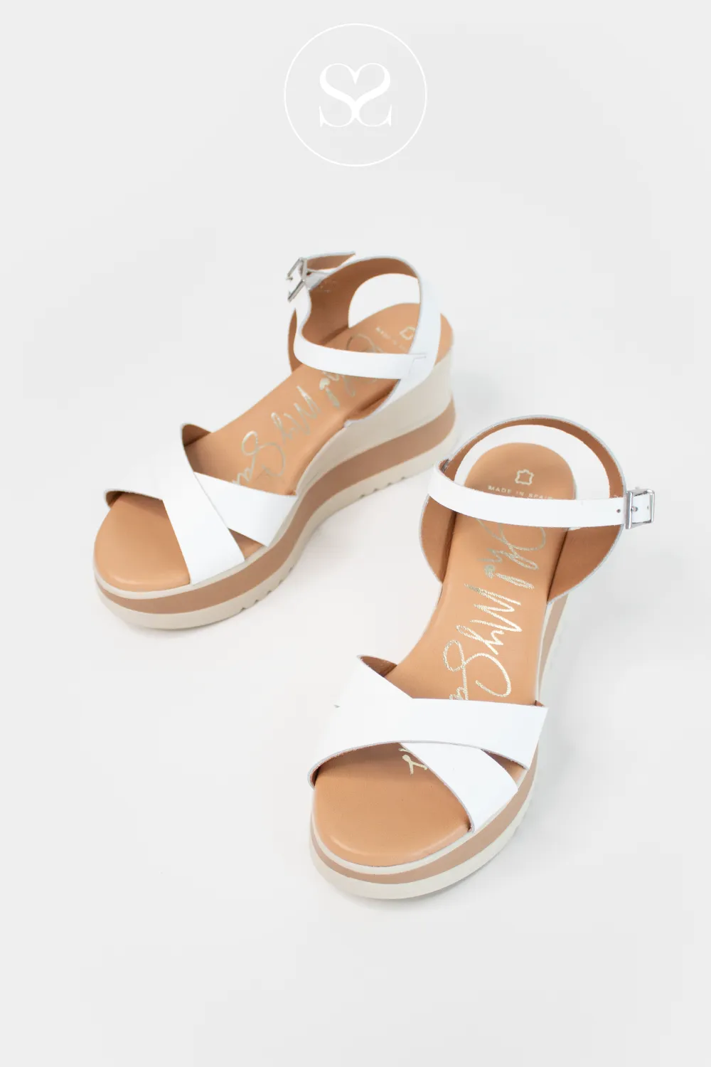 OH MY SANDALS 5761 WHITE LEATHER WEDGE SANDALS