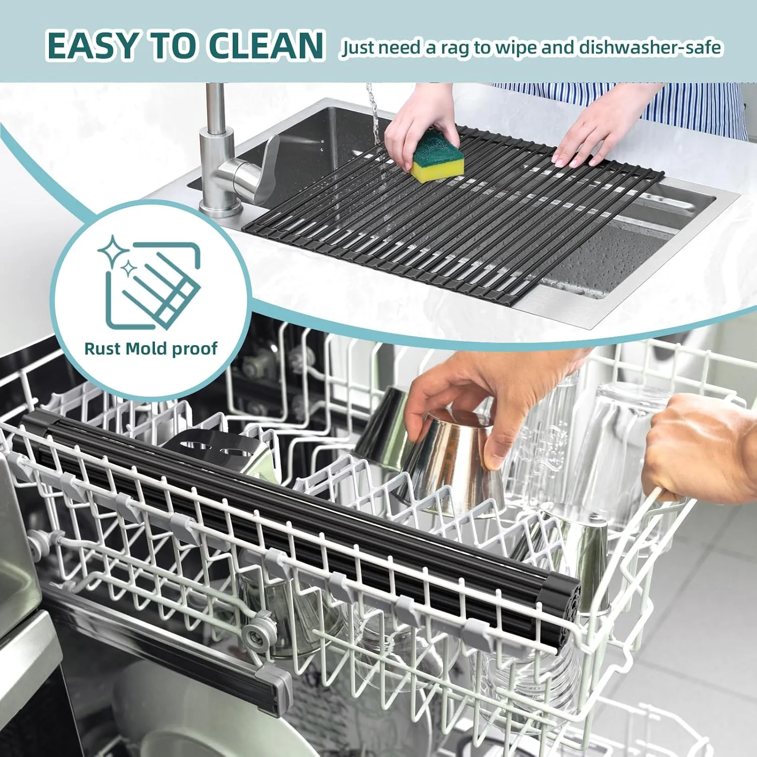 Ohuhu Over The Sink Dish Drainer Drying Rack, 17.6" W x 15.4" L Roll Up Dish Racks Kitchen Sink Organizer Silicone Wrapped Large in Sink Dish Drying Rack Foldable Rolling Drain Mats Anti-Slip