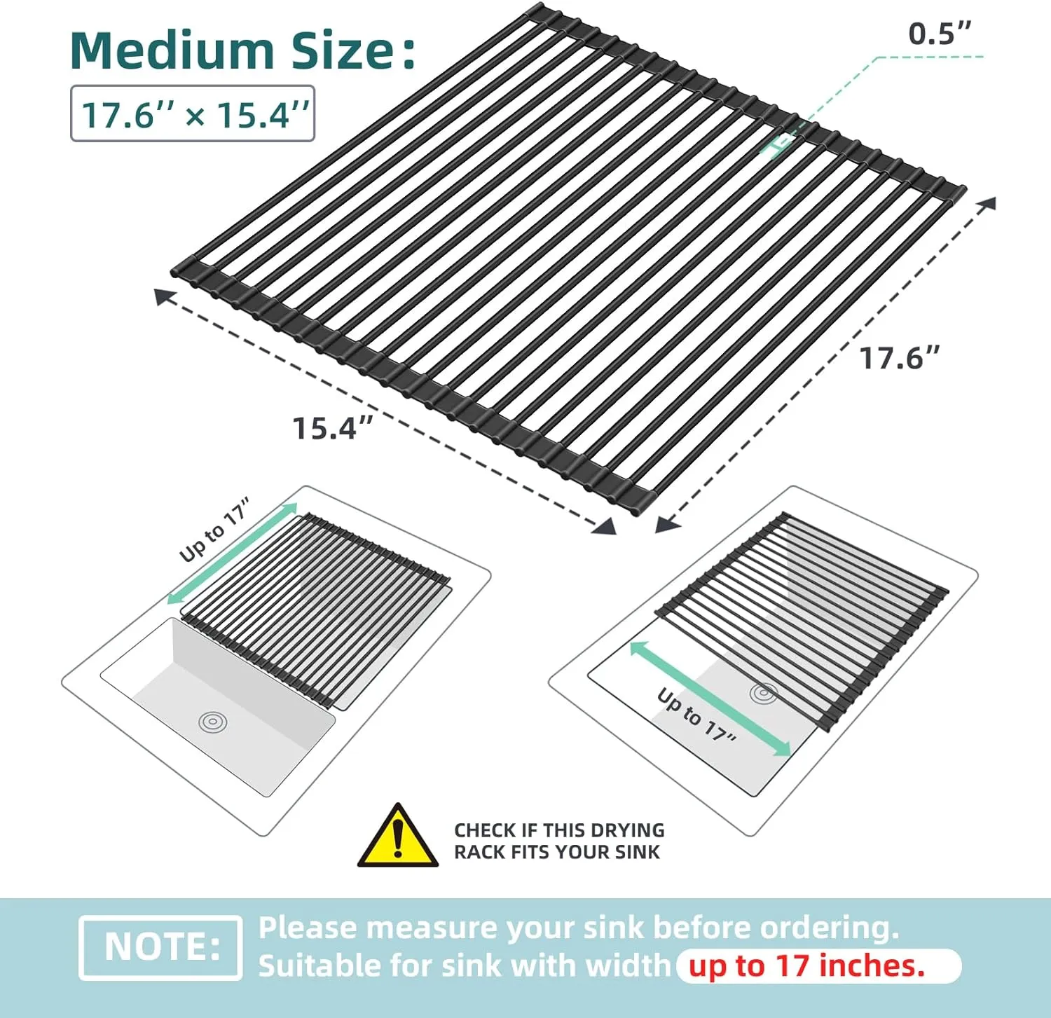 Ohuhu Over The Sink Dish Drainer Drying Rack, 17.6" W x 15.4" L Roll Up Dish Racks Kitchen Sink Organizer Silicone Wrapped Large in Sink Dish Drying Rack Foldable Rolling Drain Mats Anti-Slip
