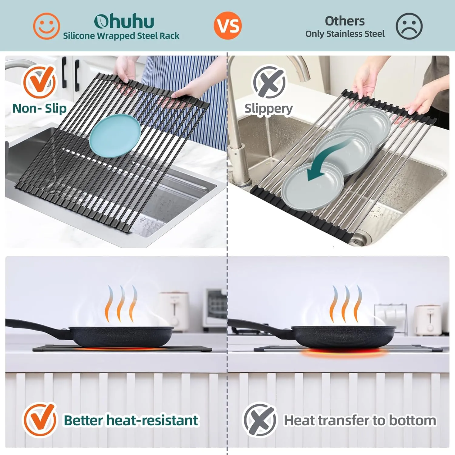 Ohuhu Over The Sink Dish Drainer Drying Rack, 17.6" W x 15.4" L Roll Up Dish Racks Kitchen Sink Organizer Silicone Wrapped Large in Sink Dish Drying Rack Foldable Rolling Drain Mats Anti-Slip