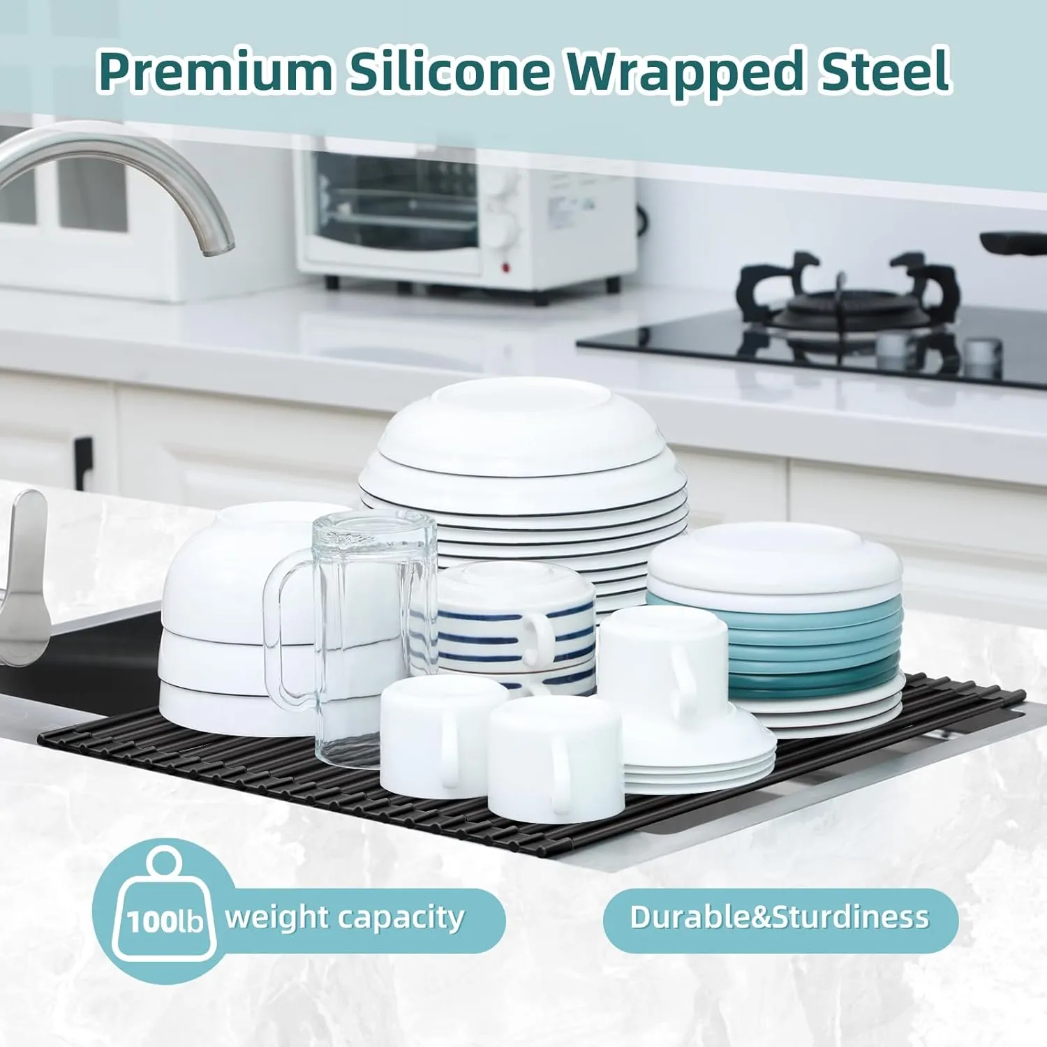Ohuhu Over The Sink Dish Drainer Drying Rack, 17.6" W x 15.4" L Roll Up Dish Racks Kitchen Sink Organizer Silicone Wrapped Large in Sink Dish Drying Rack Foldable Rolling Drain Mats Anti-Slip