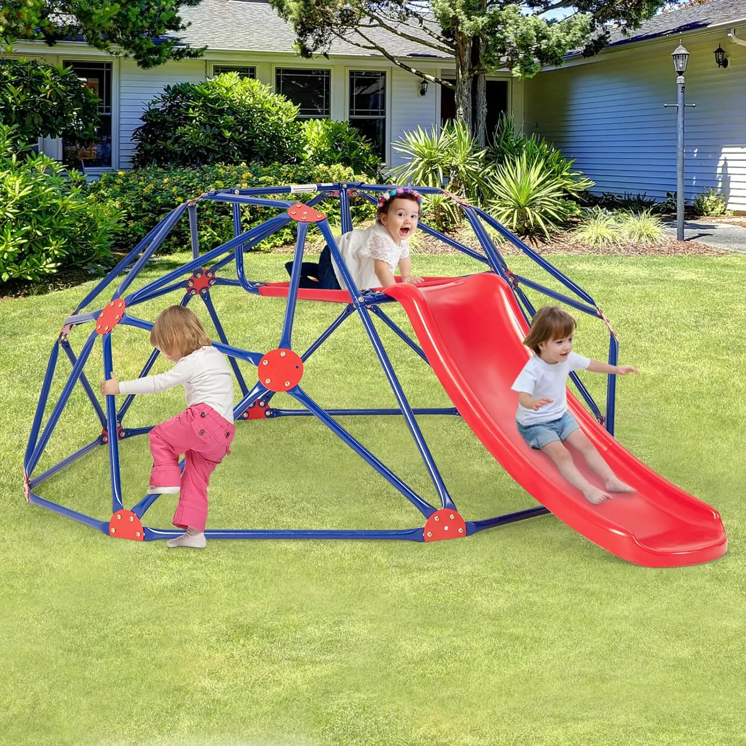 Olakids Climbing Dome with Slide, Kids Outdoor Jungle Gym Geometric Dome Climber, Steel Frame, 8FT Climb Structure Backyard Playground Center Equipment for Toddlers