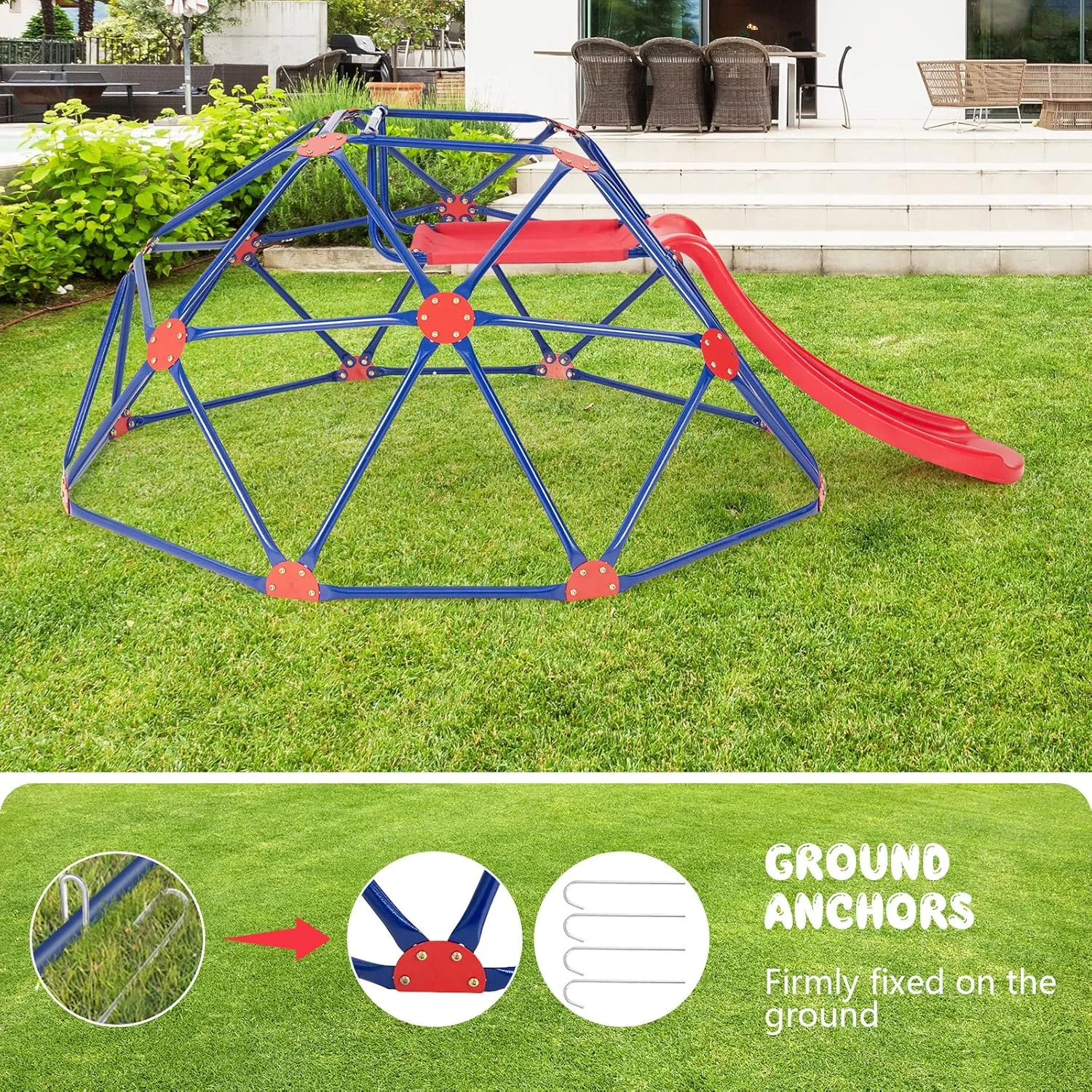 Olakids Climbing Dome with Slide, Kids Outdoor Jungle Gym Geometric Dome Climber, Steel Frame, 8FT Climb Structure Backyard Playground Center Equipment for Toddlers
