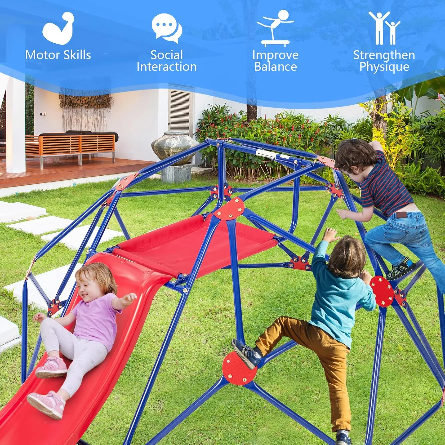 Olakids Climbing Dome with Slide, Kids Outdoor Jungle Gym Geometric Dome Climber, Steel Frame, 8FT Climb Structure Backyard Playground Center Equipment for Toddlers