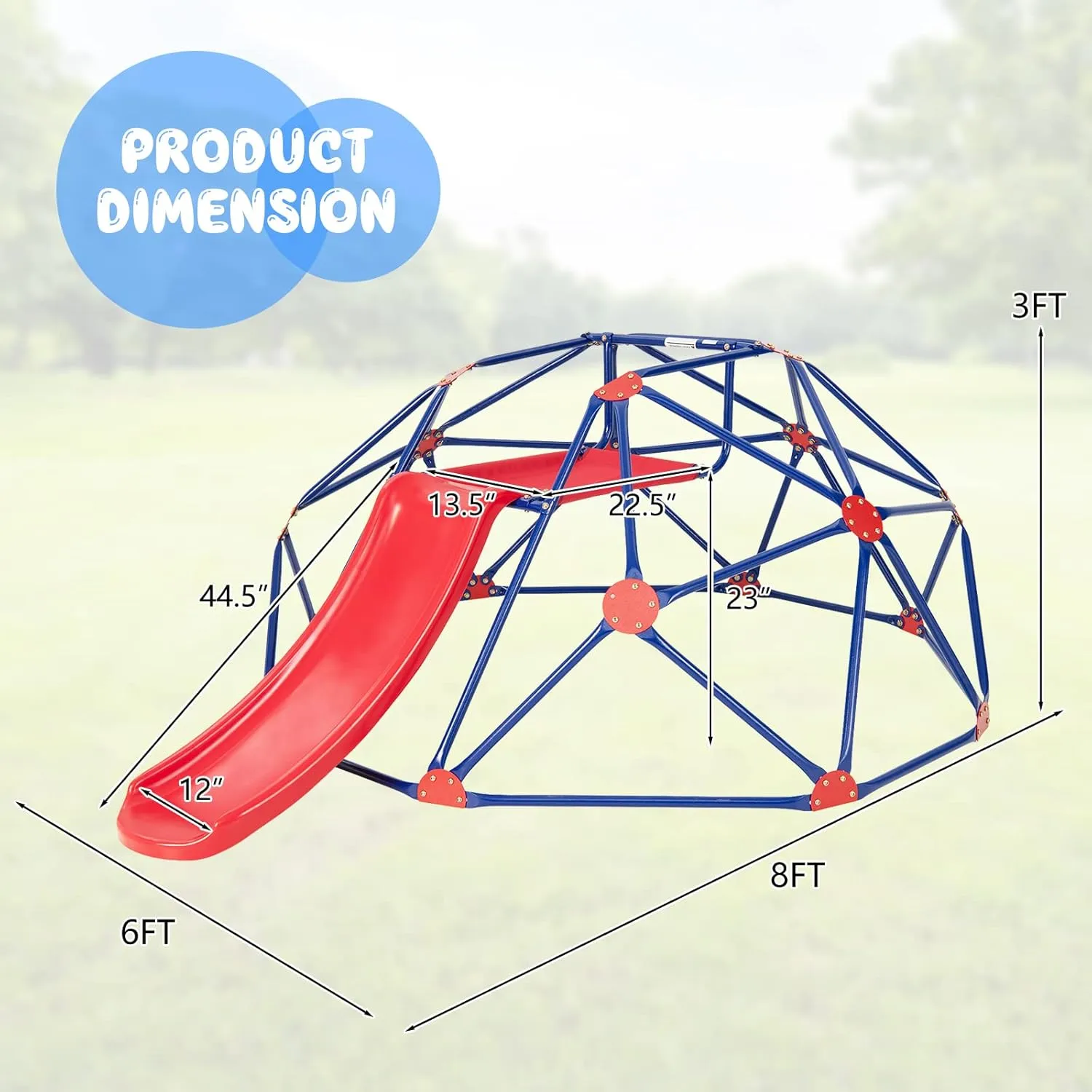 Olakids Climbing Dome with Slide, Kids Outdoor Jungle Gym Geometric Dome Climber, Steel Frame, 8FT Climb Structure Backyard Playground Center Equipment for Toddlers