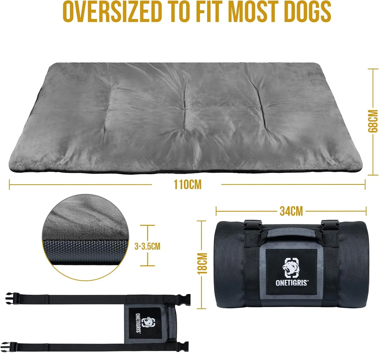 OneTigris Travel Dog Bed - Portable Waterproof Anti-Slip Dog Camping Bed, 3.6ft by 2.2ft Outdoor Indoor Mat Cushioned Plush Warm Puppy Mattresses