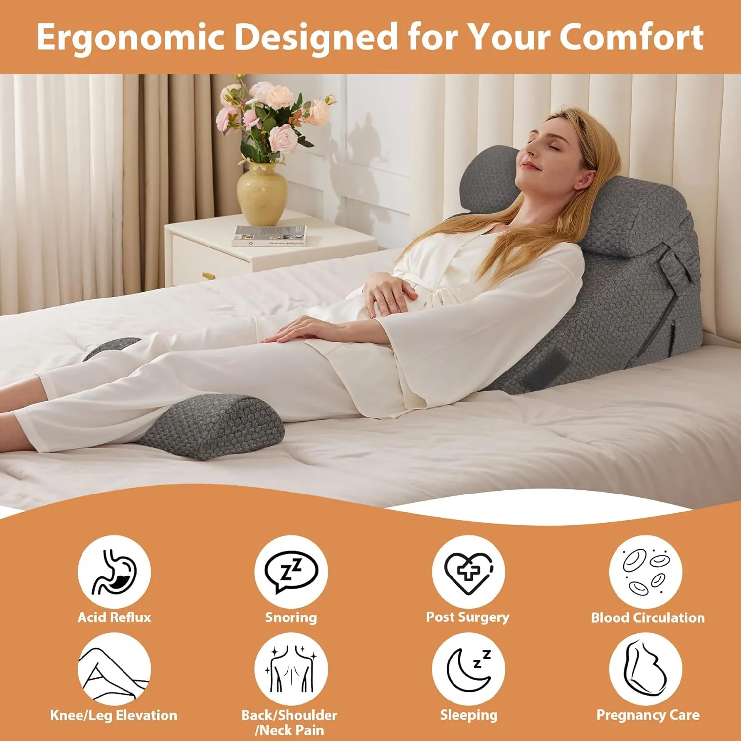 Orthopedic Bed Wedge Pillow Set 4Pcs, Adjustable Memory Foam, Pillow Wedge for Post Surgery, Back Pain Relief, Triangle Pillows for Acid Reflux, Snoring, GERD, Dark Grey