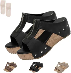 Orthopedic Zipper Thick Sole Wedge Slippers, 2025 Women Summer Width Platform Open Toe Non-slip Comfy Sandals