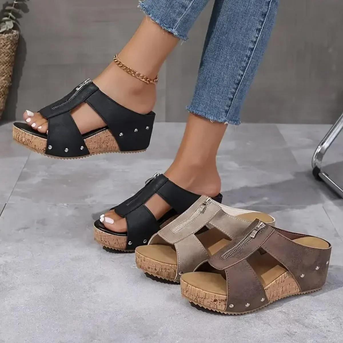 Orthopedic Zipper Thick Sole Wedge Slippers, 2025 Women Summer Width Platform Open Toe Non-slip Comfy Sandals
