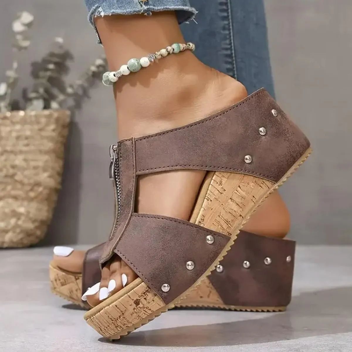 Orthopedic Zipper Thick Sole Wedge Slippers, 2025 Women Summer Width Platform Open Toe Non-slip Comfy Sandals