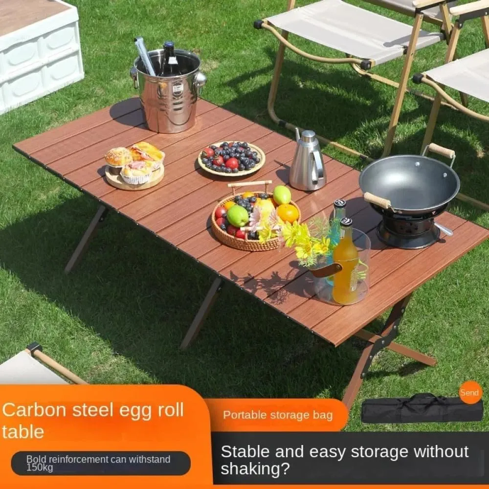 Outdoor Camping Table Folding Wood Grain Carbon Steel Egg Roll Portable Bea Table air Tourist Plate Table Camping,2 S