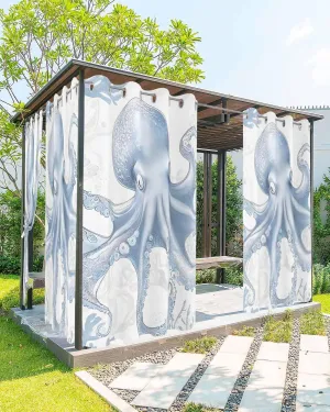 Outdoor Curtains for Patio Waterproof, Coastal Blue Octopus Outdoor Privacy Panels Grommet, Vintage Summer Ocean Coral Blackout Outside Curtains for Porch/Cabana/Pergola 54"x84", 1 Panel
