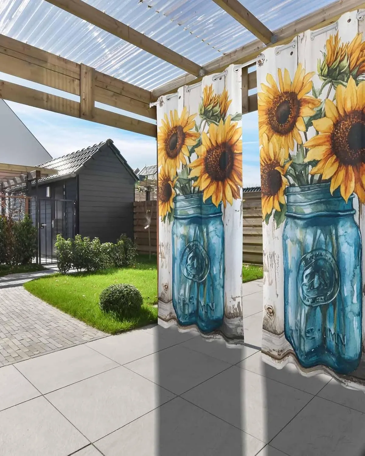 Outdoor Curtains for Patio Waterproof, Sunflower Outdoor Privacy Panels Grommet, Pastoral Pastel Yellow Floral Rustic Wood Plank Blackout Outside Curtains for Porch/Cabana 54"x108", 1 Panel