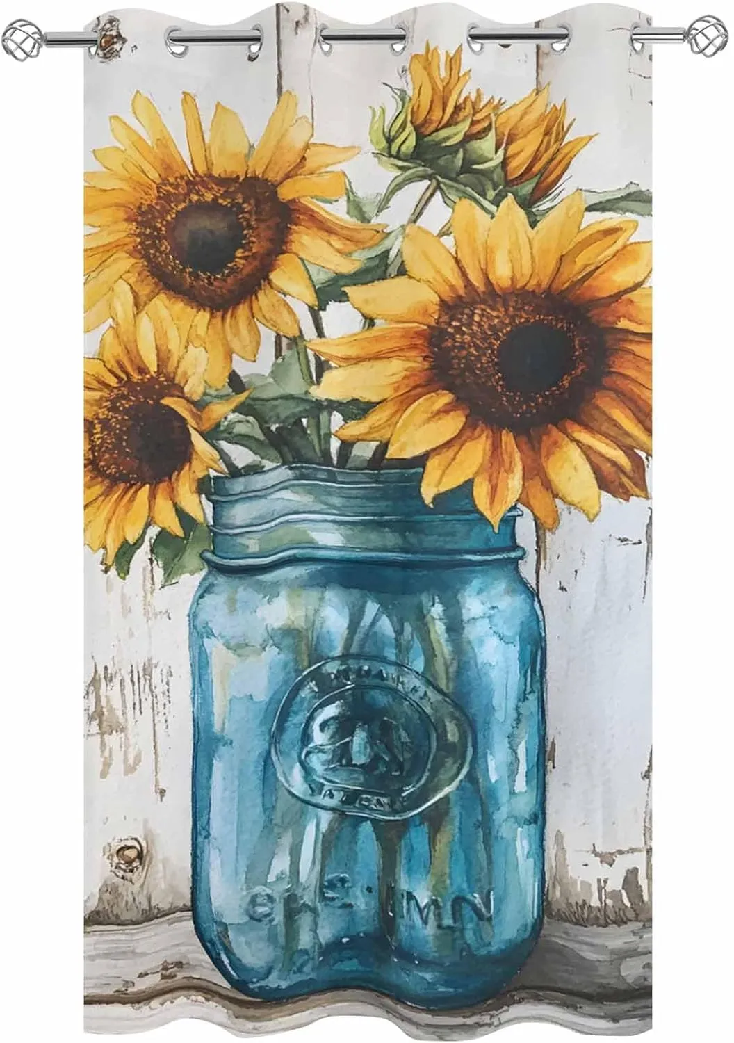 Outdoor Curtains for Patio Waterproof, Sunflower Outdoor Privacy Panels Grommet, Pastoral Pastel Yellow Floral Rustic Wood Plank Blackout Outside Curtains for Porch/Cabana 54"x108", 1 Panel