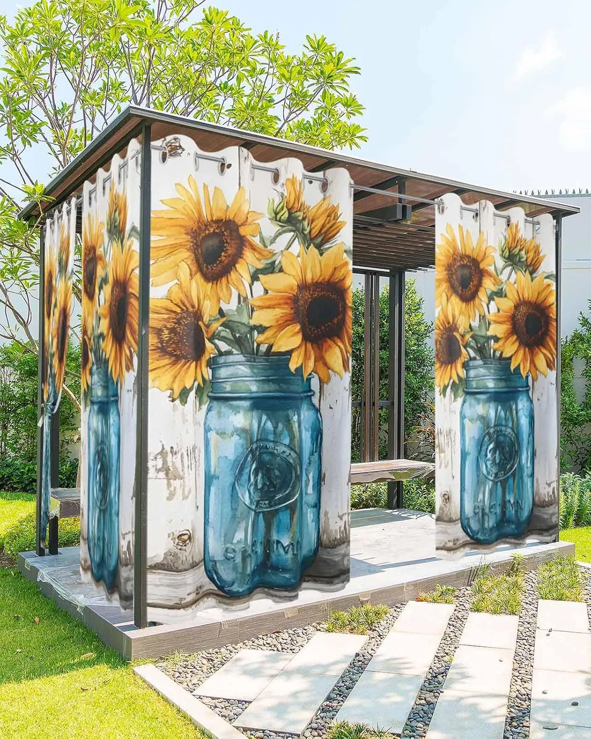 Outdoor Curtains for Patio Waterproof, Sunflower Outdoor Privacy Panels Grommet, Pastoral Pastel Yellow Floral Rustic Wood Plank Blackout Outside Curtains for Porch/Cabana 54"x108", 1 Panel