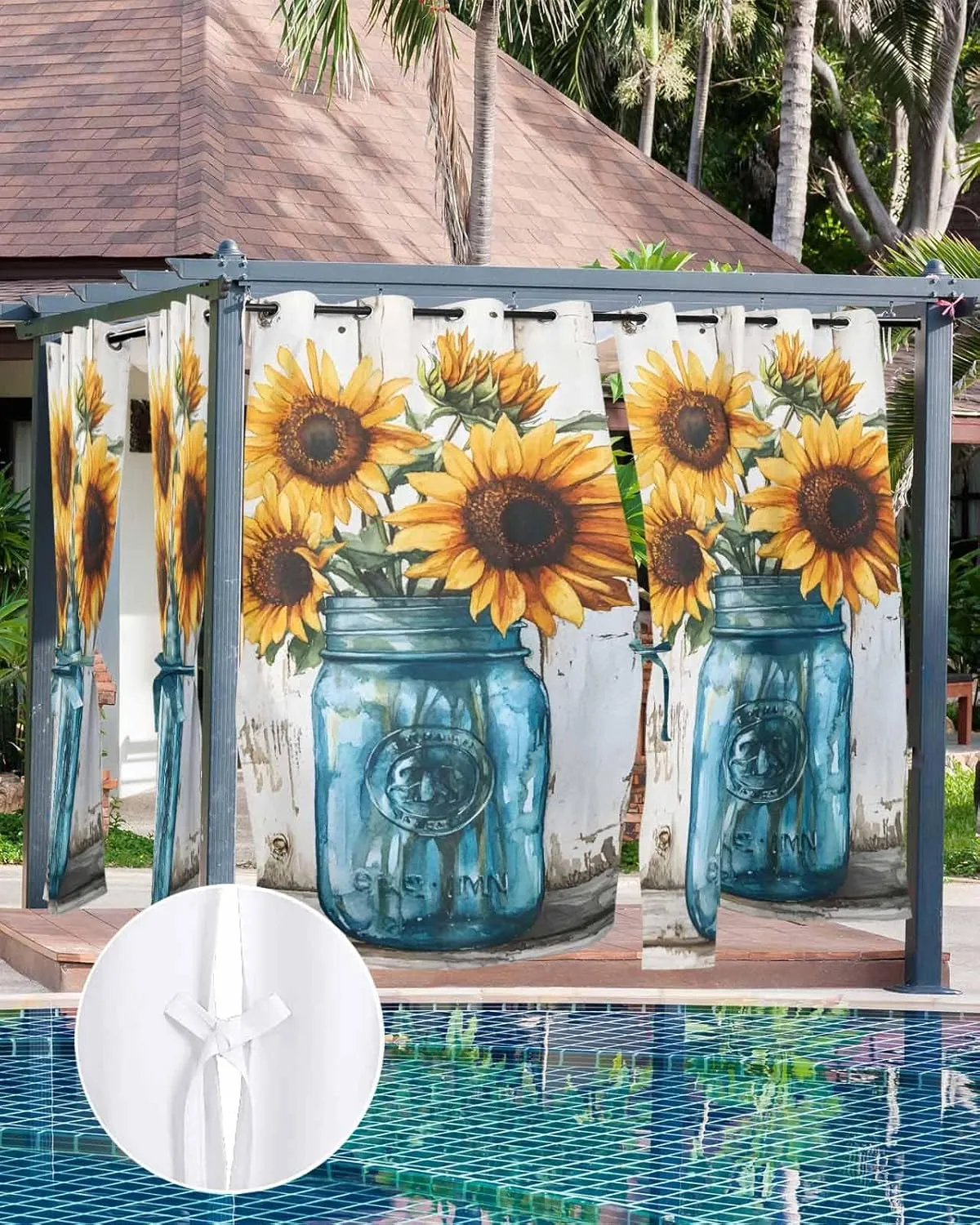 Outdoor Curtains for Patio Waterproof, Sunflower Outdoor Privacy Panels Grommet, Pastoral Pastel Yellow Floral Rustic Wood Plank Blackout Outside Curtains for Porch/Cabana 54"x108", 1 Panel