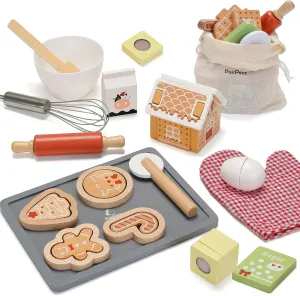 PairPear Gingerbread House Set – 29 Piece Wooden Christmas Cookie Baking Kit, Toy Cookie Play Food & Pretend Kitchen Accessories, Educational Play Baking Toys Gift for Kids 3 