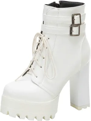 Parisuit Womens Chunky High Heel Platform Ankle Booties Lace Up Buckle Combat Boots Goth Zip Up Shoes