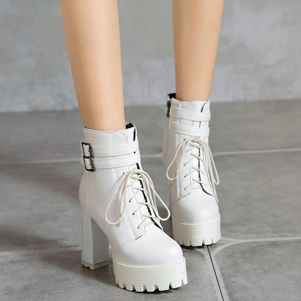 Parisuit Womens Chunky High Heel Platform Ankle Booties Lace Up Buckle Combat Boots Goth Zip Up Shoes
