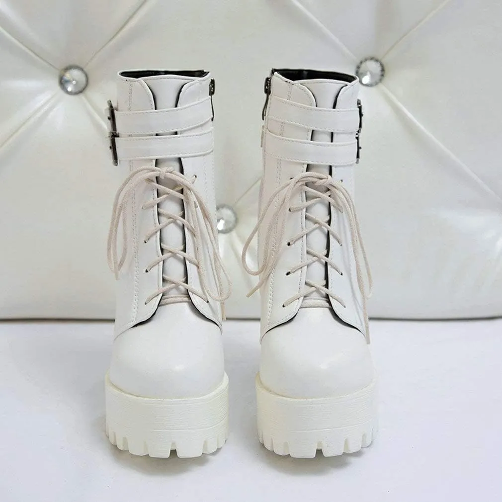 Parisuit Womens Chunky High Heel Platform Ankle Booties Lace Up Buckle Combat Boots Goth Zip Up Shoes