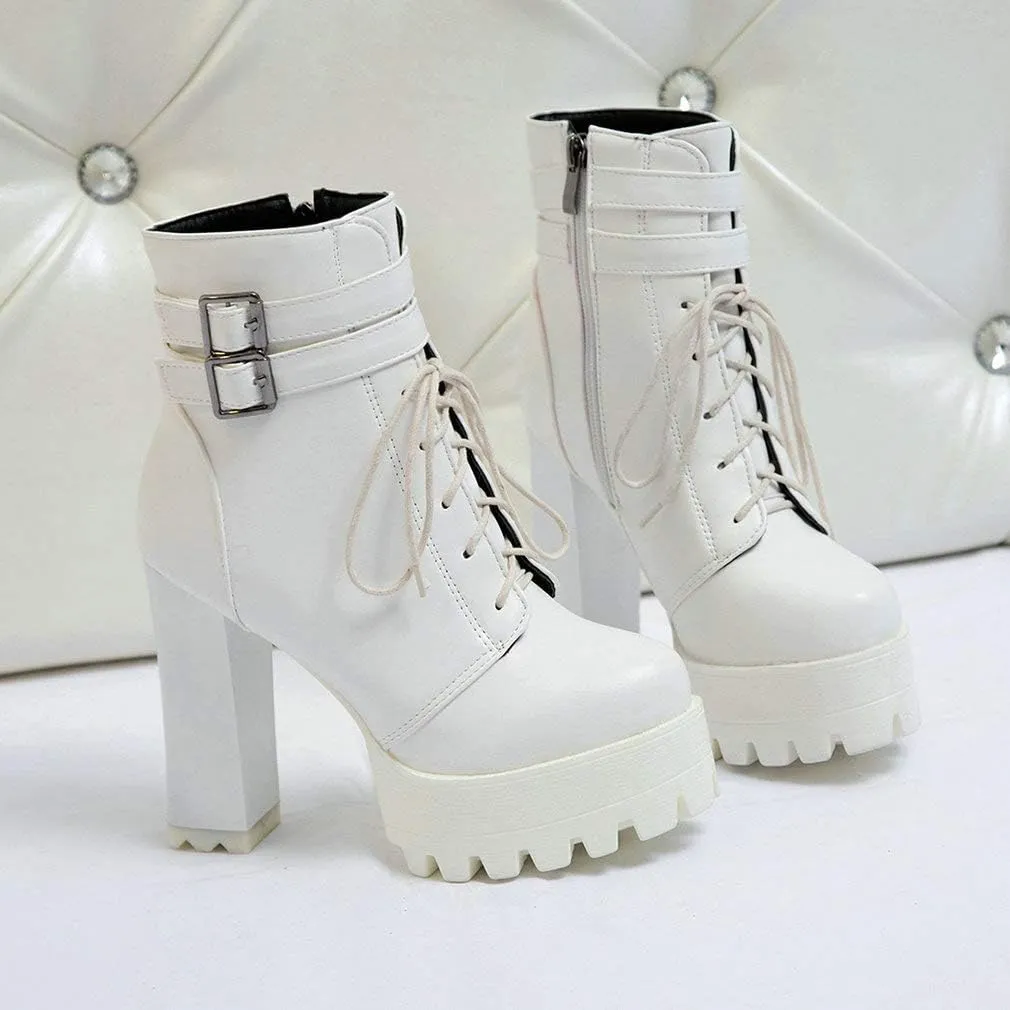 Parisuit Womens Chunky High Heel Platform Ankle Booties Lace Up Buckle Combat Boots Goth Zip Up Shoes