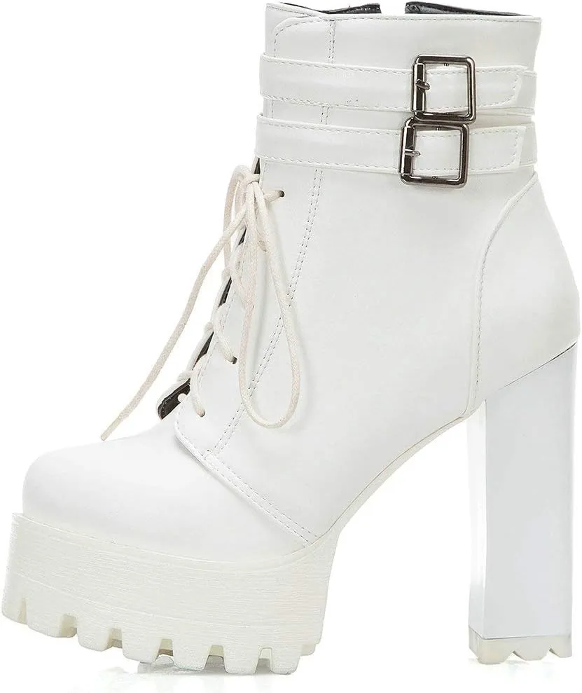Parisuit Womens Chunky High Heel Platform Ankle Booties Lace Up Buckle Combat Boots Goth Zip Up Shoes