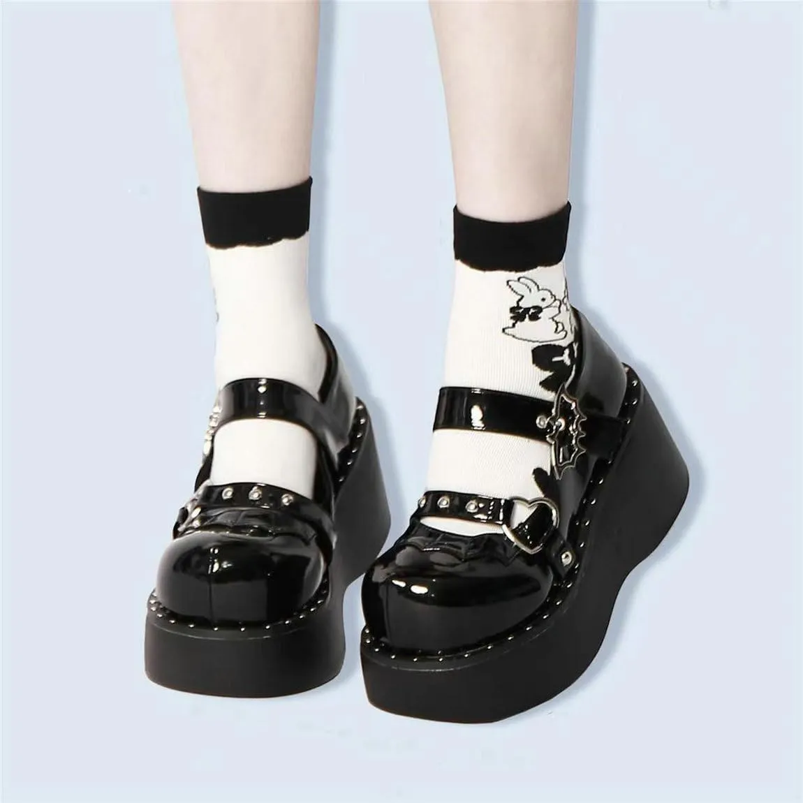 Parisuit Womens Lolita Platform Goth Shoes Mary Jane Wedge Heels Pumps Ankle Strap Round Toe Punk Cosplay Shoes