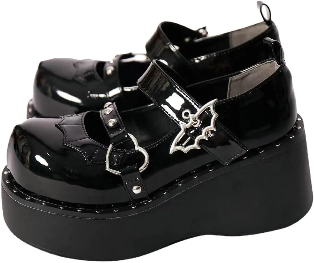 Parisuit Womens Lolita Platform Goth Shoes Mary Jane Wedge Heels Pumps Ankle Strap Round Toe Punk Cosplay Shoes