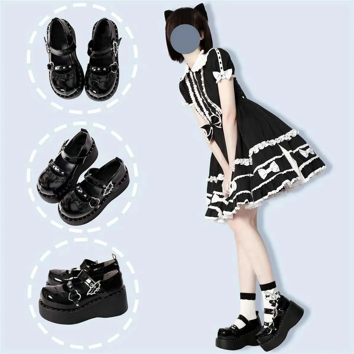 Parisuit Womens Lolita Platform Goth Shoes Mary Jane Wedge Heels Pumps Ankle Strap Round Toe Punk Cosplay Shoes