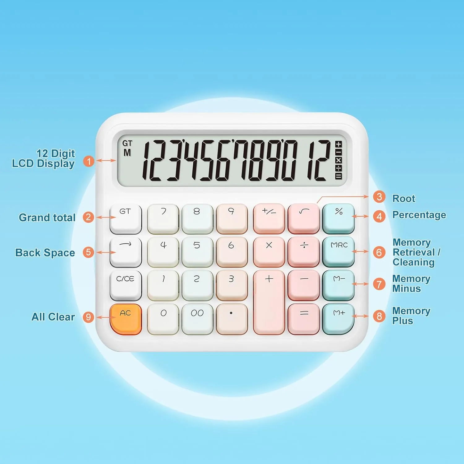 Pendancy Calculators Desktop 12 Digit, Gradient Pink Cute Basic Calculator with Extra Large LCD Display and Buttons, for Office, School, Home Use