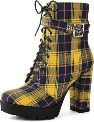 Perphy Platform Lace Up Chunky Heel Plaid Printed Ankle Combat Boots for Women