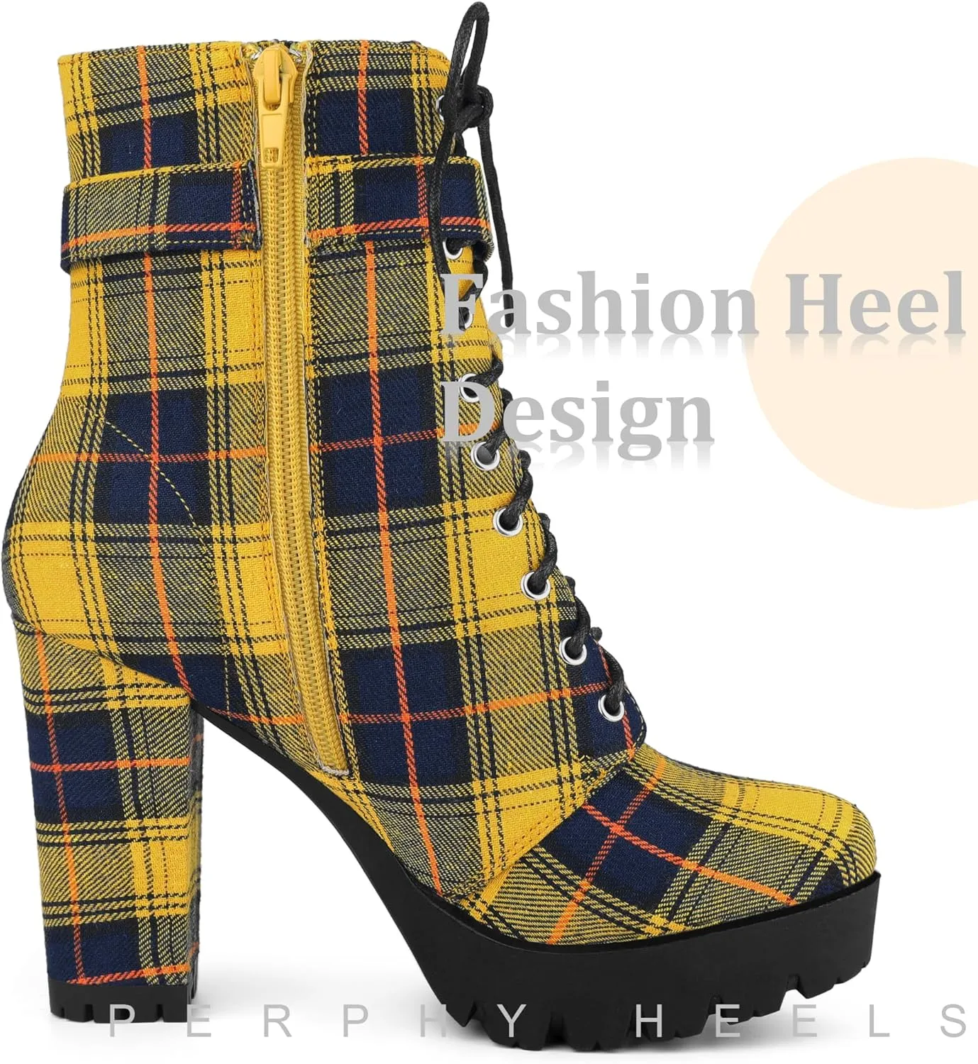 Perphy Platform Lace Up Chunky Heel Plaid Printed Ankle Combat Boots for Women
