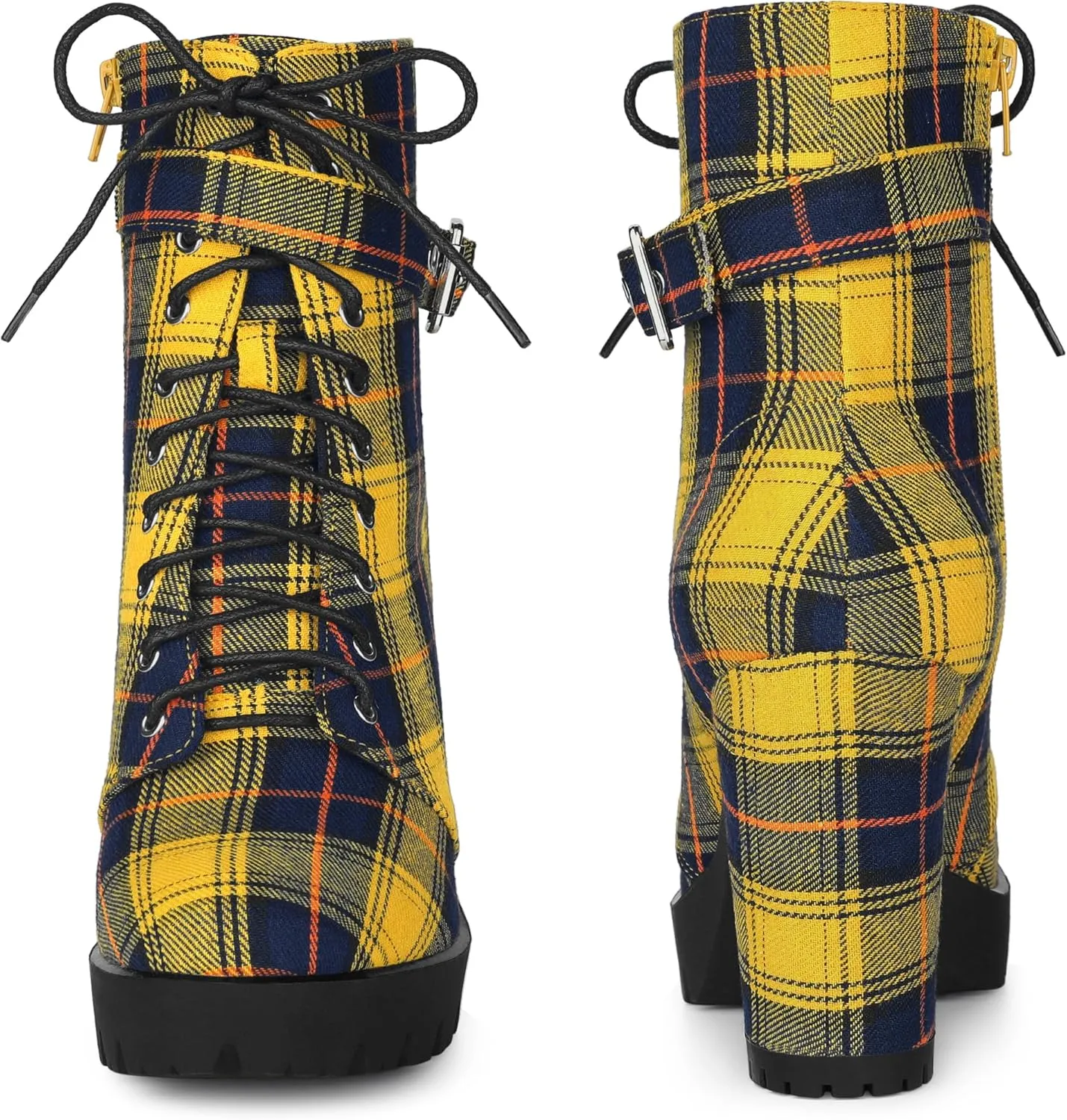 Perphy Platform Lace Up Chunky Heel Plaid Printed Ankle Combat Boots for Women