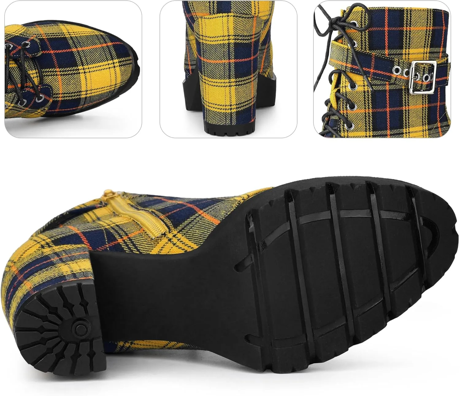 Perphy Platform Lace Up Chunky Heel Plaid Printed Ankle Combat Boots for Women