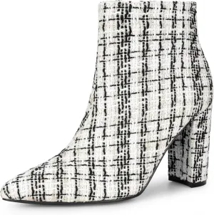 Perphy Tweed Ankle Boot Pointy Toe Chunky Heel Plaid Boots for Women