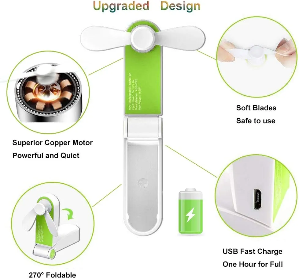Personal Handheld Fan, Mini Portable Pocket Fan, Small Lightweight USB Rechargeable for Home Sports Outdoor Travel, 2 Speed Powerful Wind (Green)